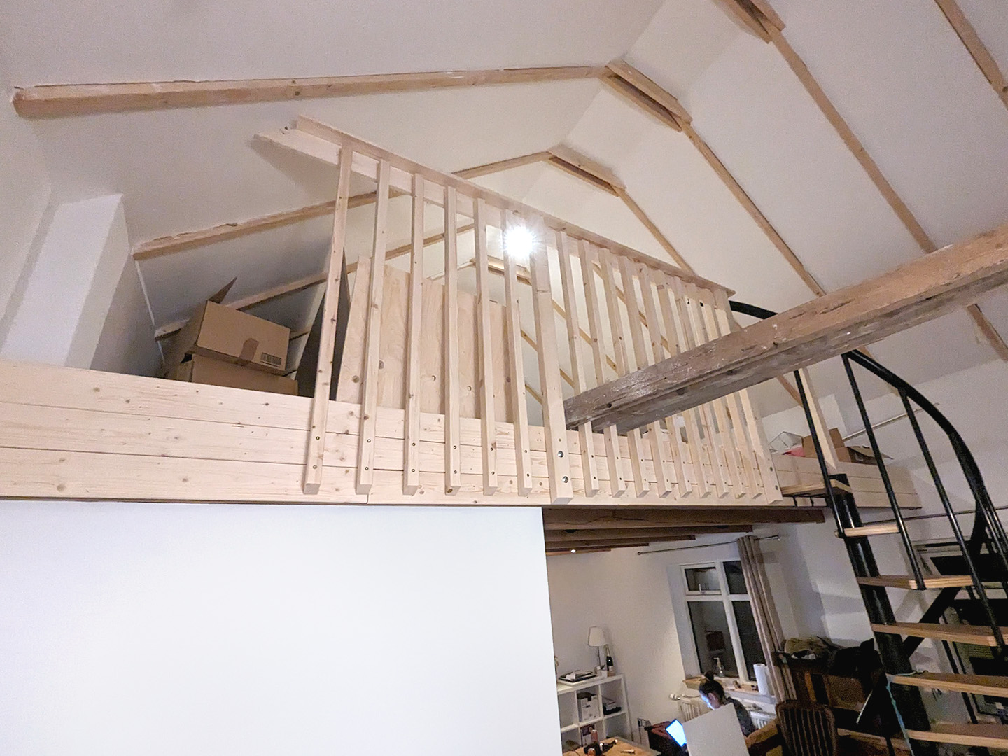 wooden mezzanine with stairs